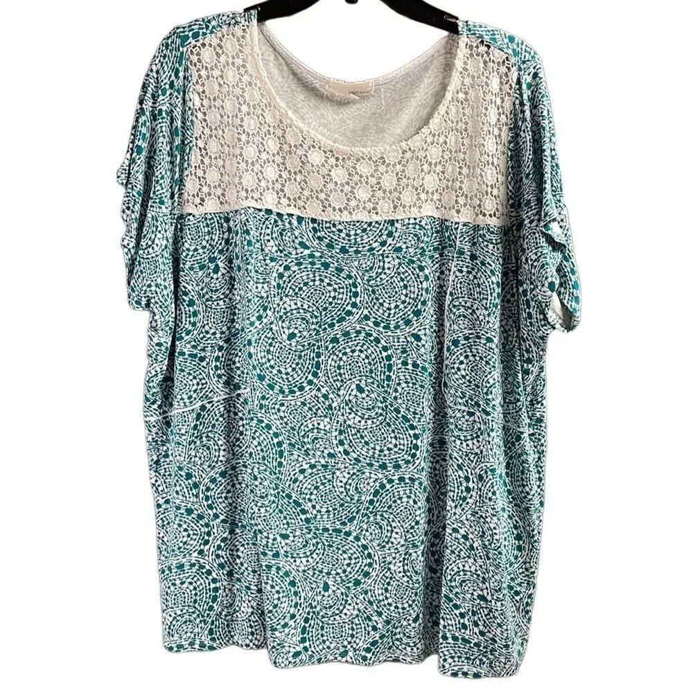 DEPT 222 Womens Plus Size 2X Blouse Teal White White Floral Eyelet Lace
